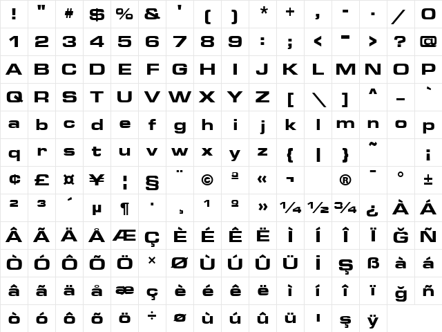 Eurostile Extended Bold Character Map
