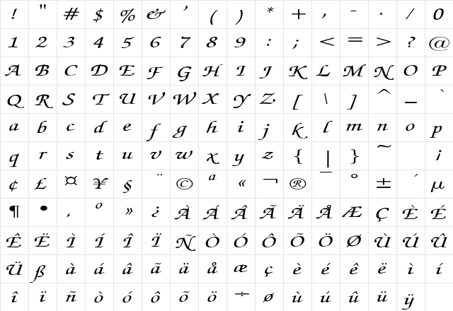 ExchequerScriptExtended Regular Character Map