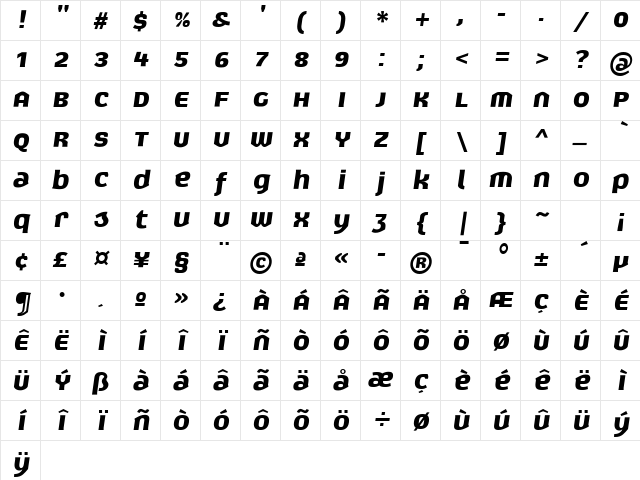 Exert Bold Italic Character Map
