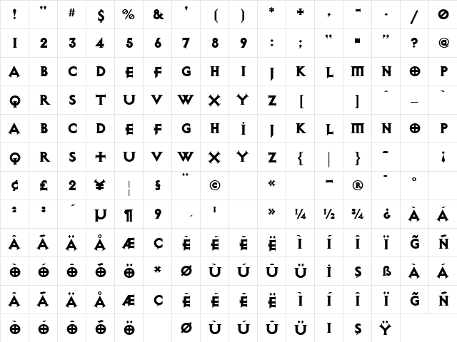 Exocet Heavy Character Map