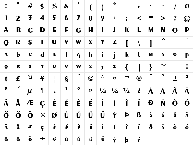 Exotic-350 HU Bold Character Map
