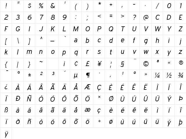 Expressway Book Italic Character Map