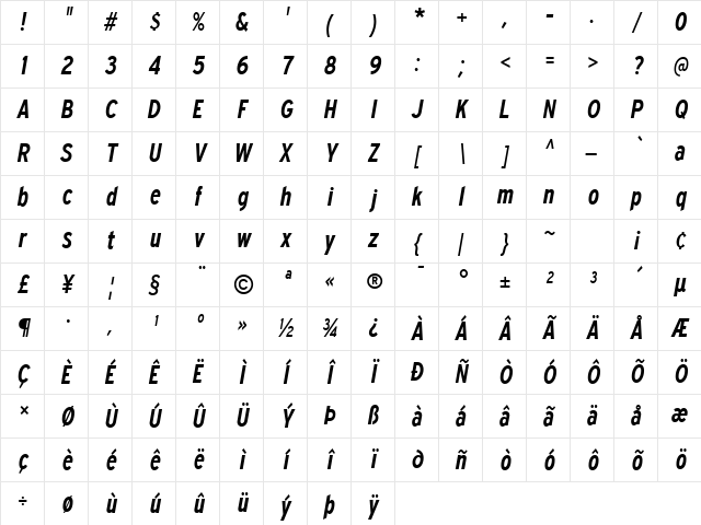Expressway Condensed SemiBold Italic Character Map