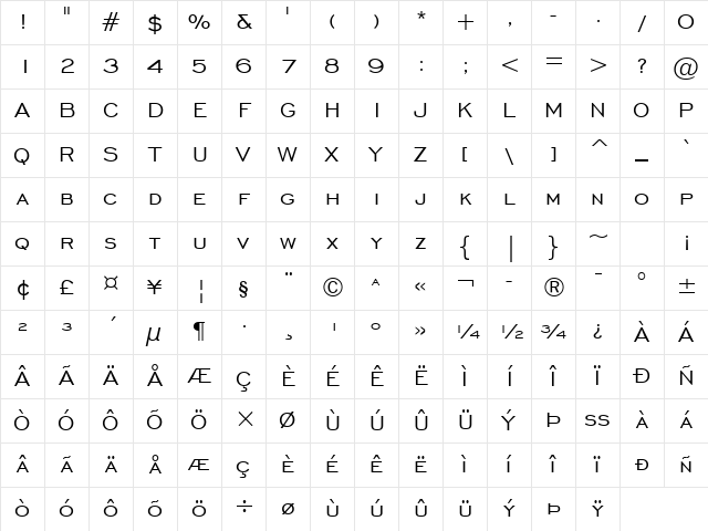 Engravers Gothic CE Regular Character Map