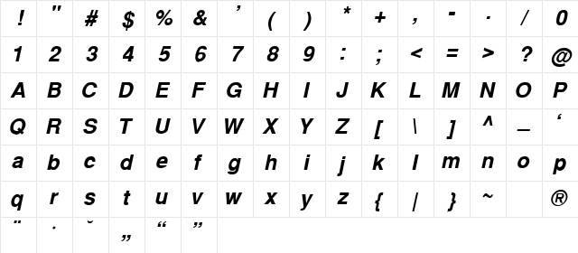 Hlv_2 Bold-Italic Character Map