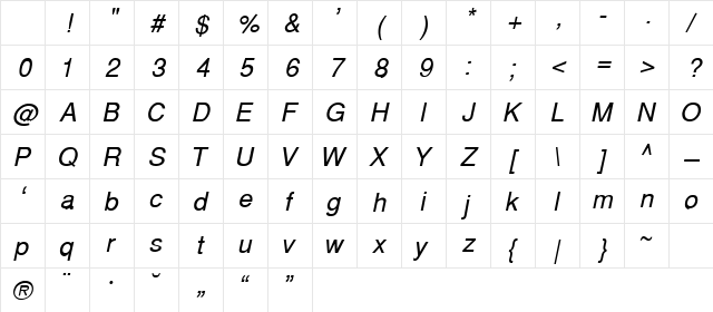 Hlv_2 Italic Character Map Hlv_2 Italic Character Map