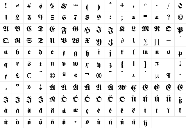 F692-Blackletter Regular Character Map