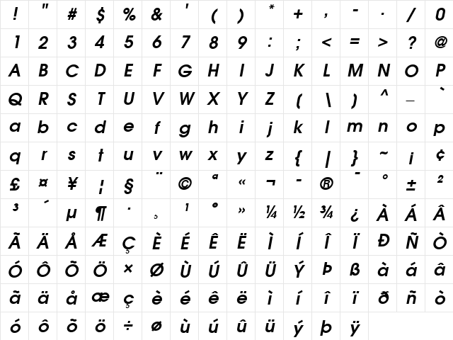 AvantGarde LT Book Bold Italic Character Map