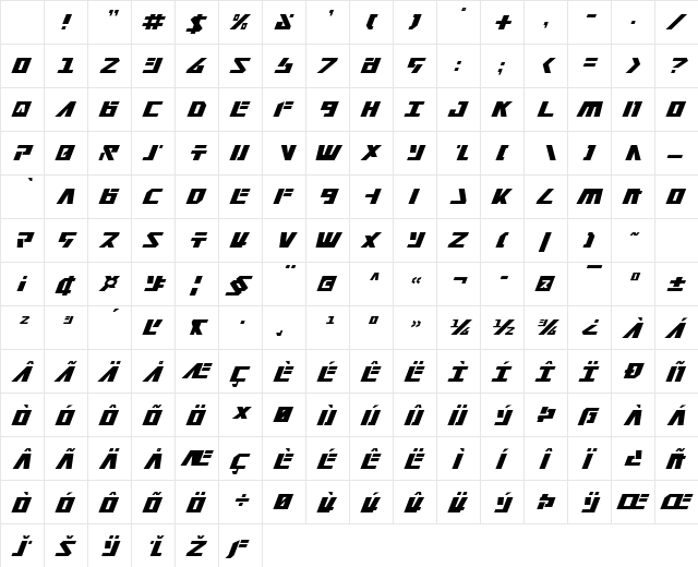 Falconhead Italic Character Map
