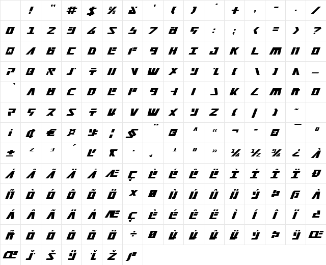 Falconhead Italic Character Map