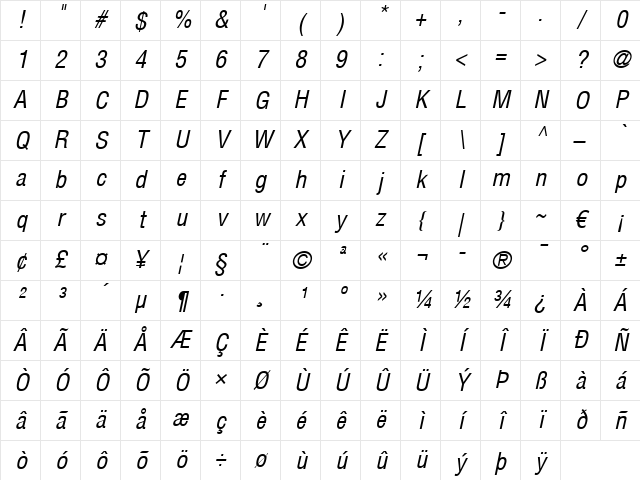 Helvetica LT Condensed Italic Character Map
