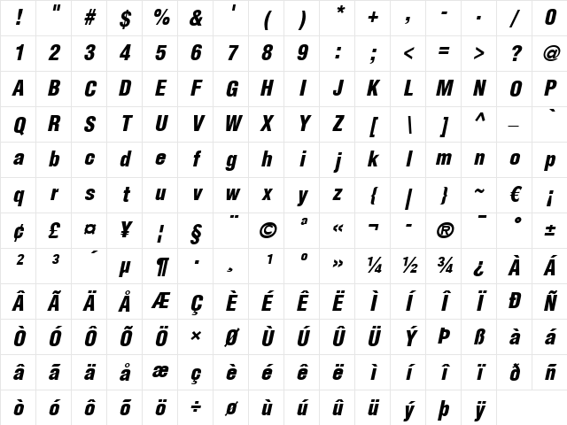 Helvetica LT CondensedBlack Italic Character Map