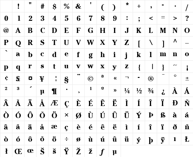 Cheltenham LT Bold Character Map Cheltenham LT Bold Character Map