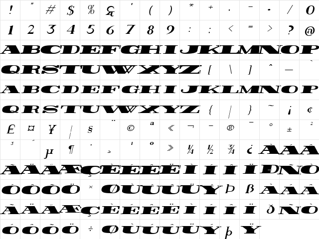 Rider Wide Expanded ExtraBlack Italic Character Map