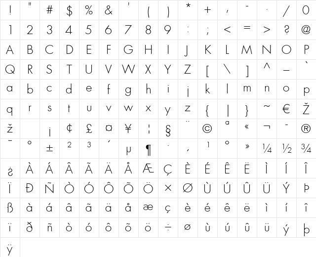Futura LT Light Regular Character Map