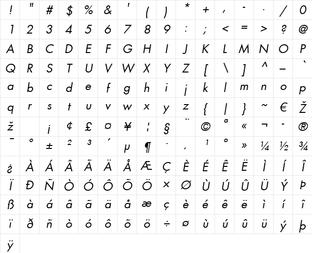 Futura LT Book Italic Character Map Futura LT Book Italic Character Map