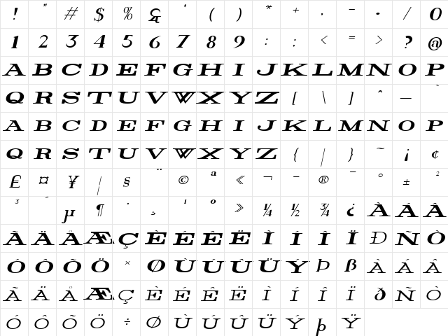 Rider Wide Expanded Bold Italic Character Map