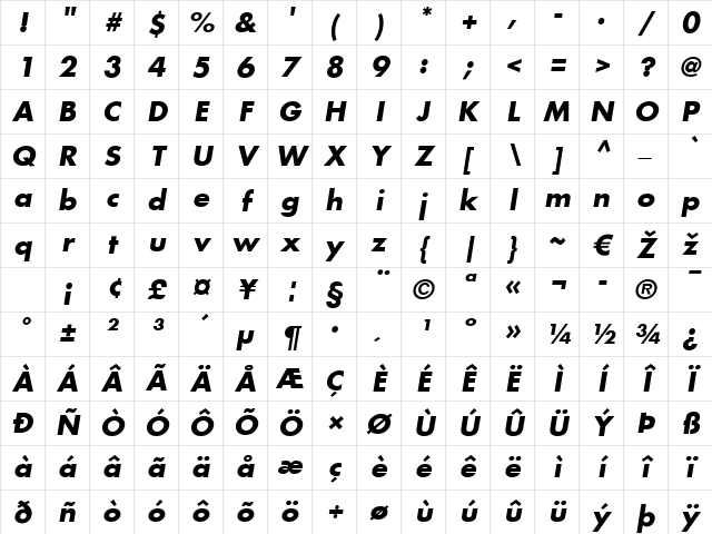 Futura LT Book Bold Italic Character Map