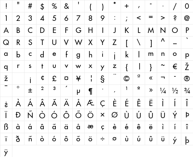 Futura LT Medium Regular Character Map