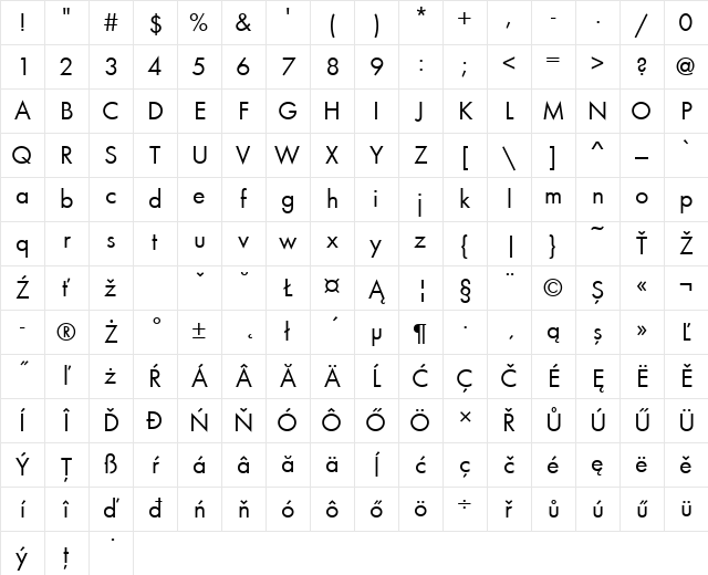 FuturaTEE Regular Character Map