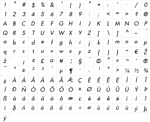 Futura LT Medium Italic Character Map