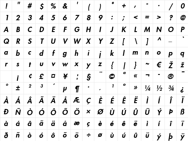 Futura LT Medium Bold Italic Character Map
