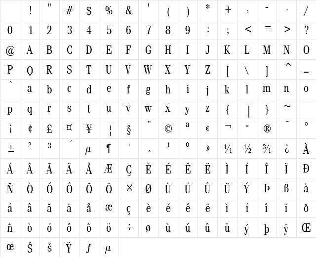Feline Condensed Normal Character Map Feline Condensed Normal Character Map