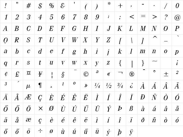 Fenice HU Regular Italic Character Map Fenice HU Regular Italic Character Map