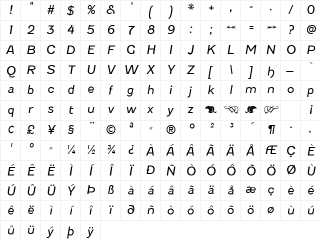 Fenwick Light Italic Character Map