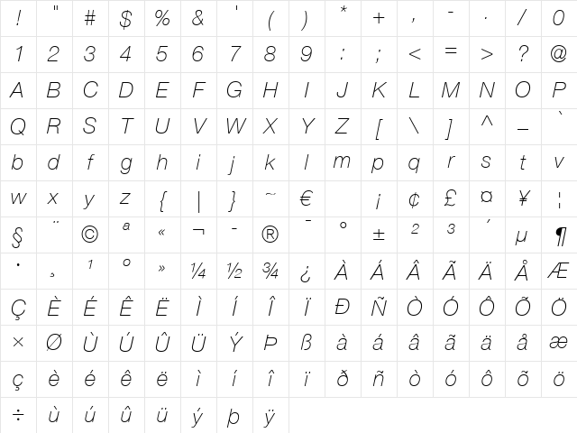 HelveticaNeue LT 35 Thin Italic Character Map