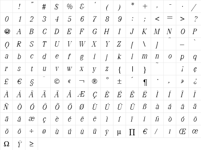 FerventLight Italic Character Map