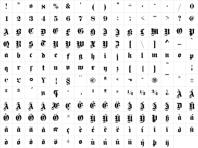 Fette Becker Gotisch Regular Character Map