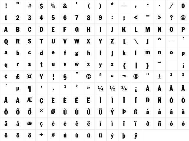 Franklin Cond. Gothic Regular Character Map