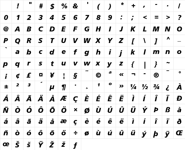 Frutiger LT 55 Roman Bold Italic Character Map Frutiger LT 55 Roman Bold Italic Character Map