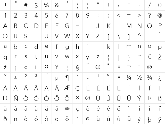 Avenir LT 35 Light Regular Character Map