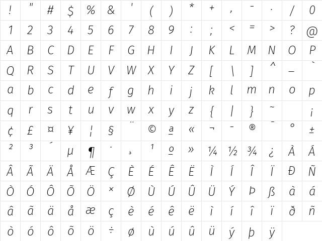 Fira Sans ExtraLight Italic Character Map Fira Sans ExtraLight Italic Character Map