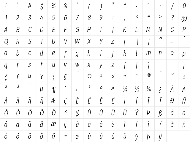 Fira Sans Extra Condensed Light Italic Character Map
