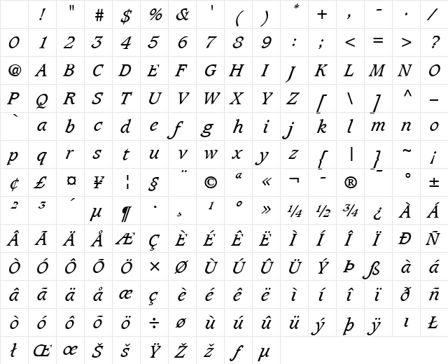 Caxton LT Book Italic Character Map Caxton LT Book Italic Character Map