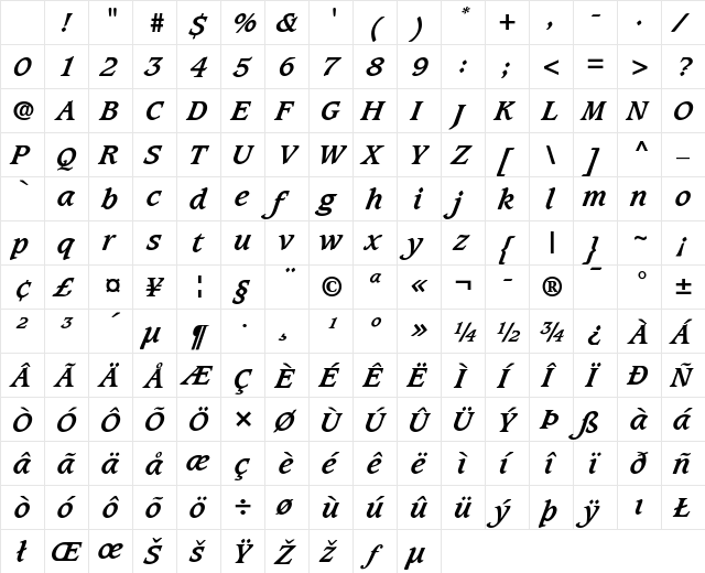 Caxton LT Book Bold Italic Character Map Caxton LT Book Bold Italic Character Map
