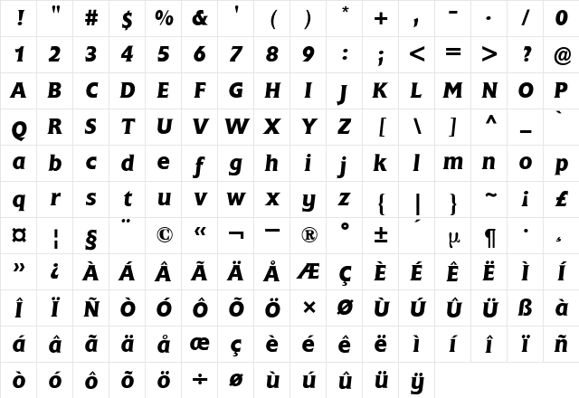 Flange BQ Italic Character Map Flange BQ Italic Character Map