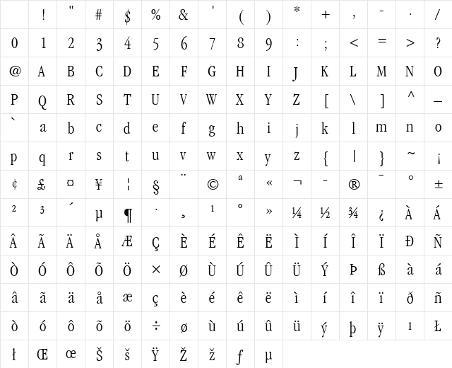 Garamond LT LightCondensed Regular Character Map Garamond LT LightCondensed Regular Character Map