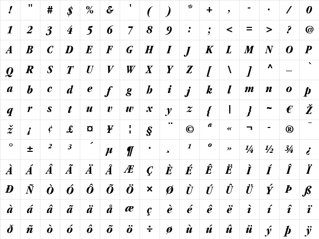 Garamond LT BookCondensed Bold Italic Character Map