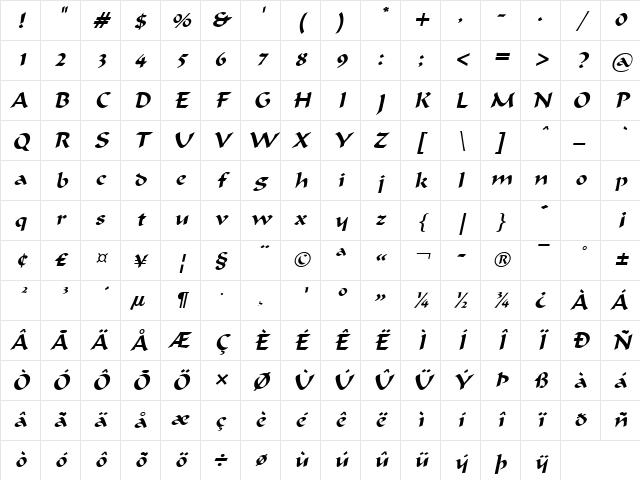 Flat Brush Italic Character Map