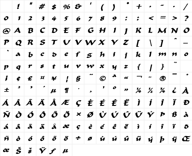 Flat Brush Wide BoldItalic Character Map