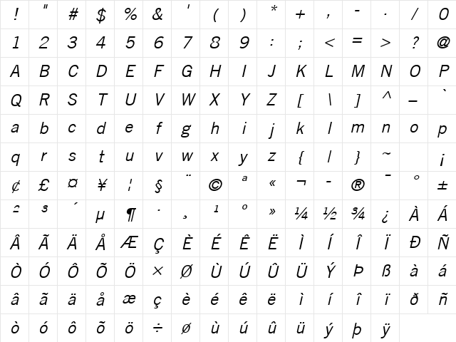 TradeGothic LT Oblique Regular Character Map TradeGothic LT Oblique Regular Character Map