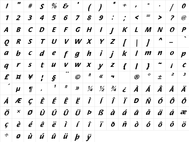 FloraObl-Bold Regular Character Map