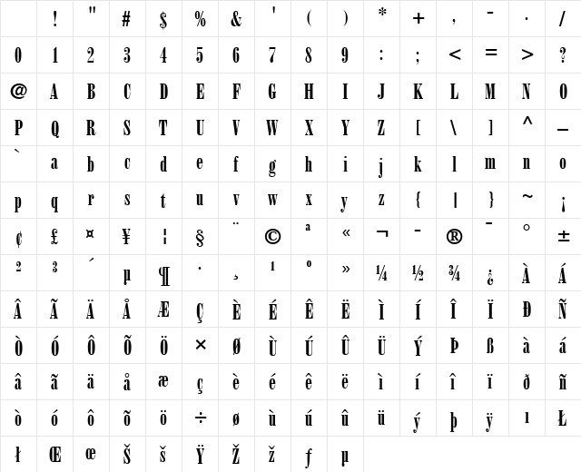Bodoni LT PosterCompressed Regular Character Map Bodoni LT PosterCompressed Regular Character Map