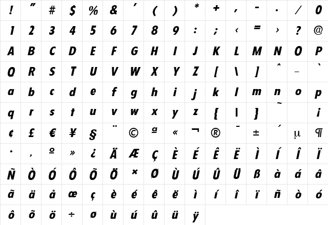 FloridaSerial-Xbold Italic Character Map
