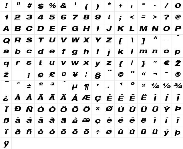HelveticaNeue LT 63 MdEx HeavyOblique Character Map