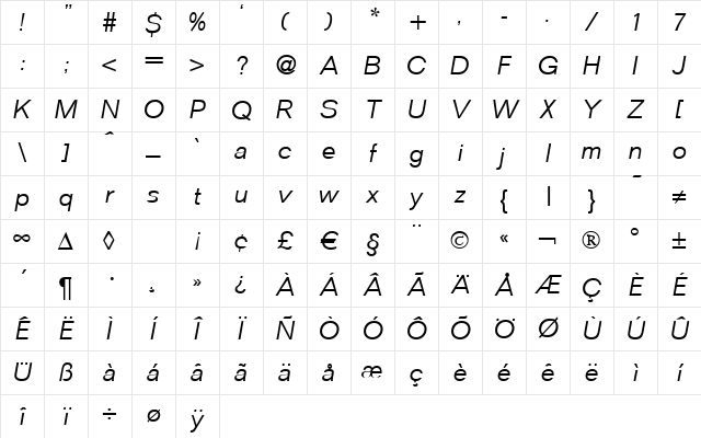 FocusLight Italic Character Map